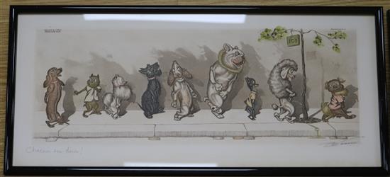 Boris Oklein, three etchings, Naughty Dogs and Cats, overall 8 x 19in.